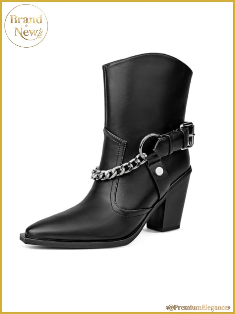 Western Ankle Boots for Women Faux Leather Pointed Toe Block Heel Cowgirl Boots